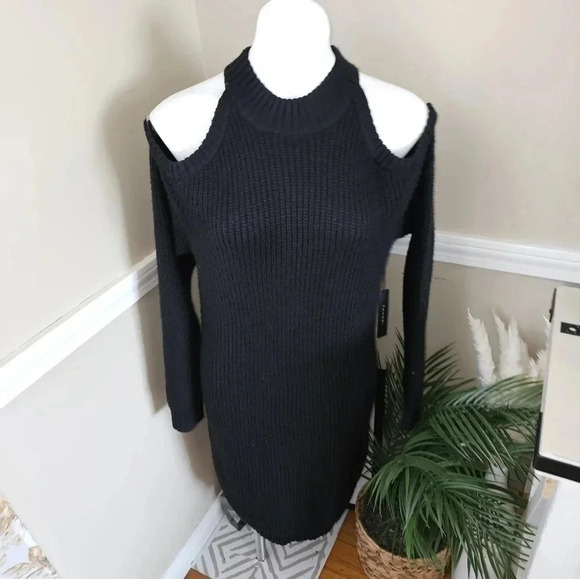 TAHARI Long Sleeve Sweater Dress Open Shoulder Black - Picture 4 of 8